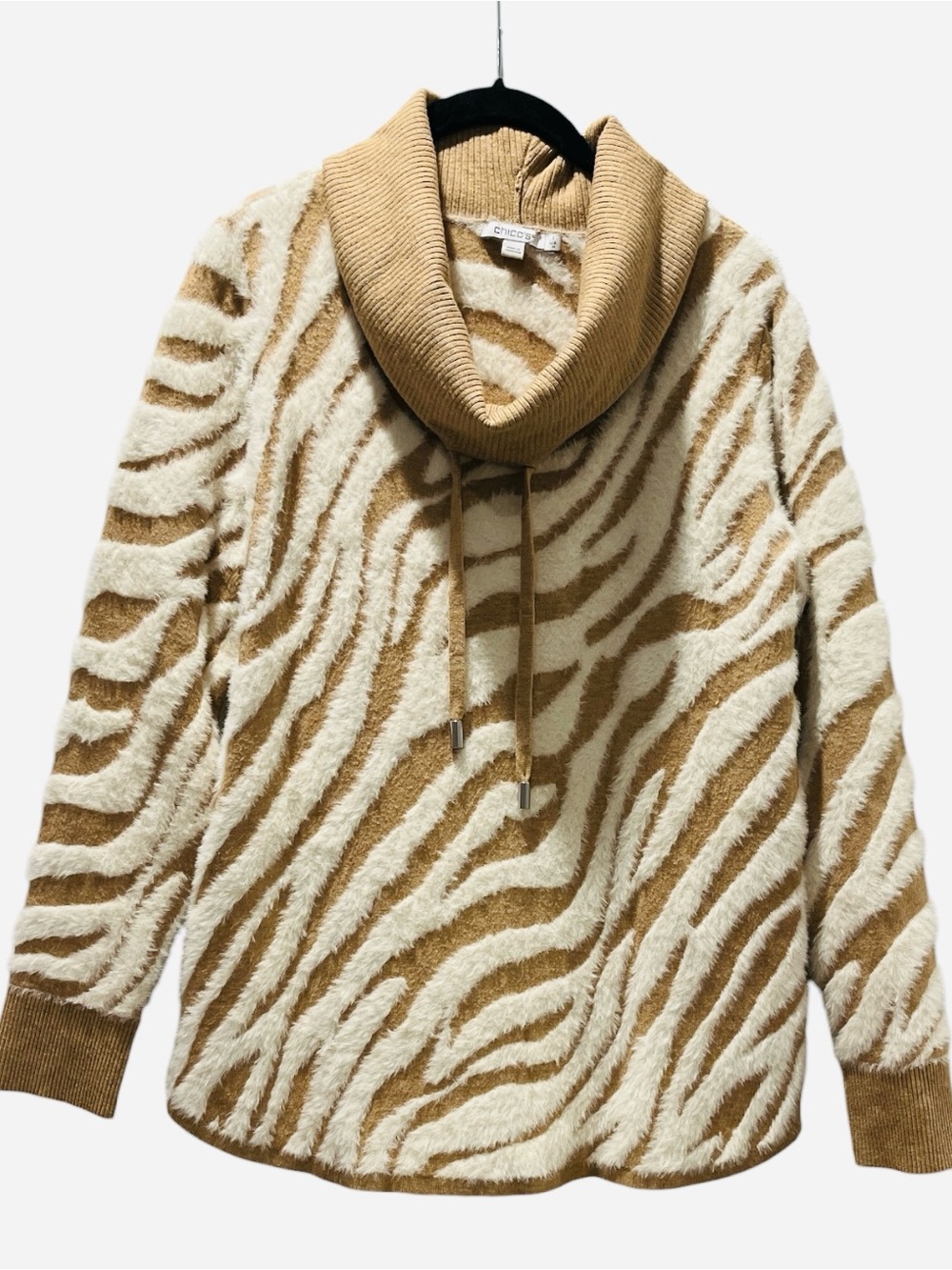 Chico's Zenergy Tan & Cream Zebra-Print Cowl Neck Sweater 1 M